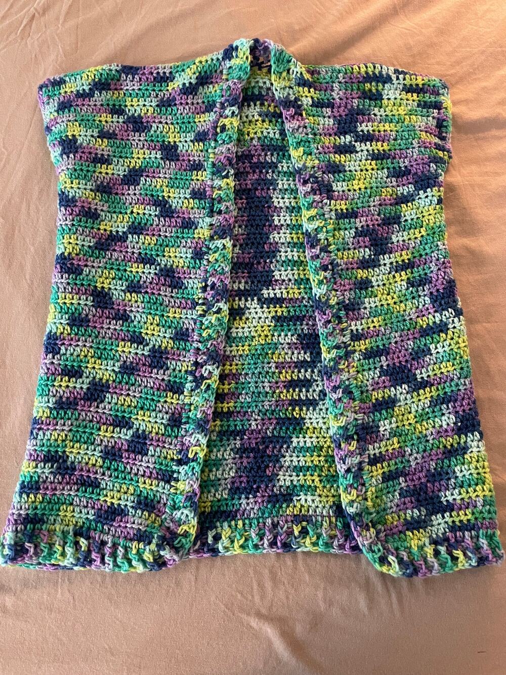 Open Front Handmade Crochet Sweater Vest Multi Color Blues and Greens